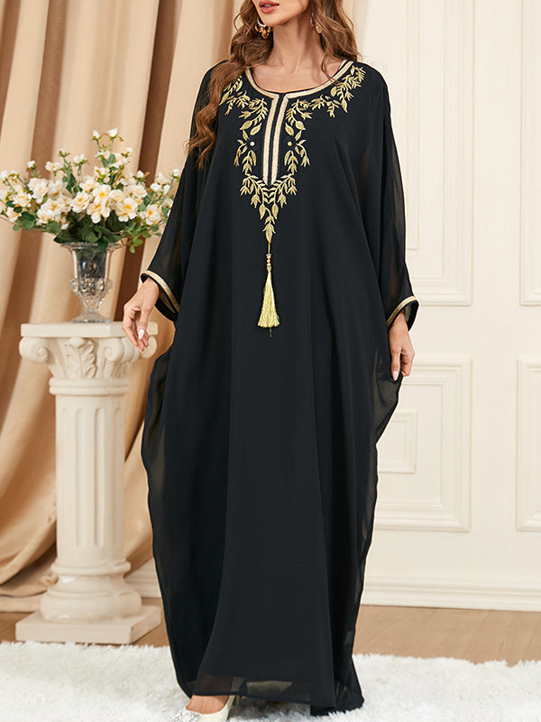 Batwing Sleeves Long Sleeves Embroidered Gauze Tasseled Round-neck Maxi Dresses