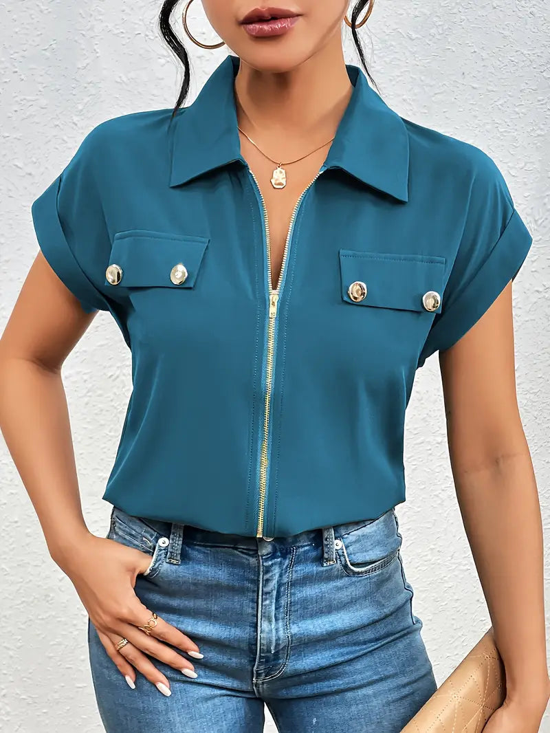 Safira - Zip-front Short Sleeve Blouse
