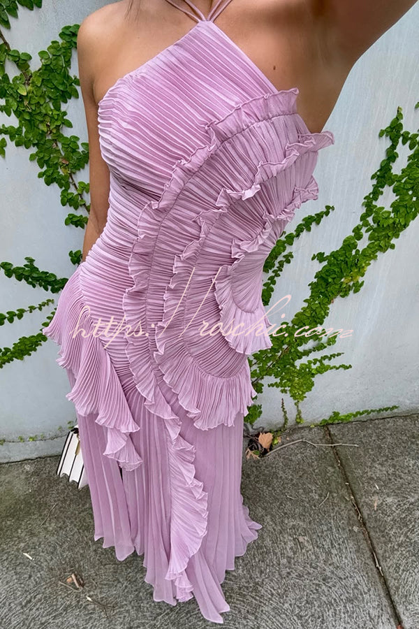Dream Ode Lily Pad Style Pleats and Ruffles Halter Gown Maxi Dress