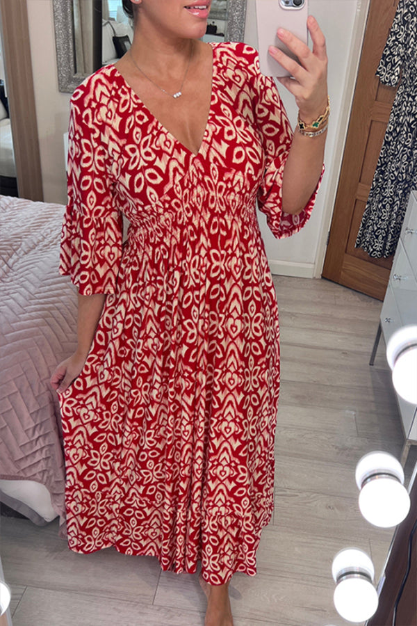 Print V-neck Waist Wrap Long Dress