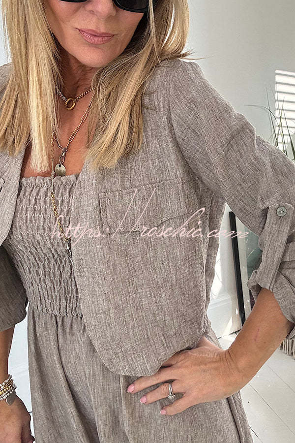 Color Short Jacket and Suspender Pleated Maxi Dress Set