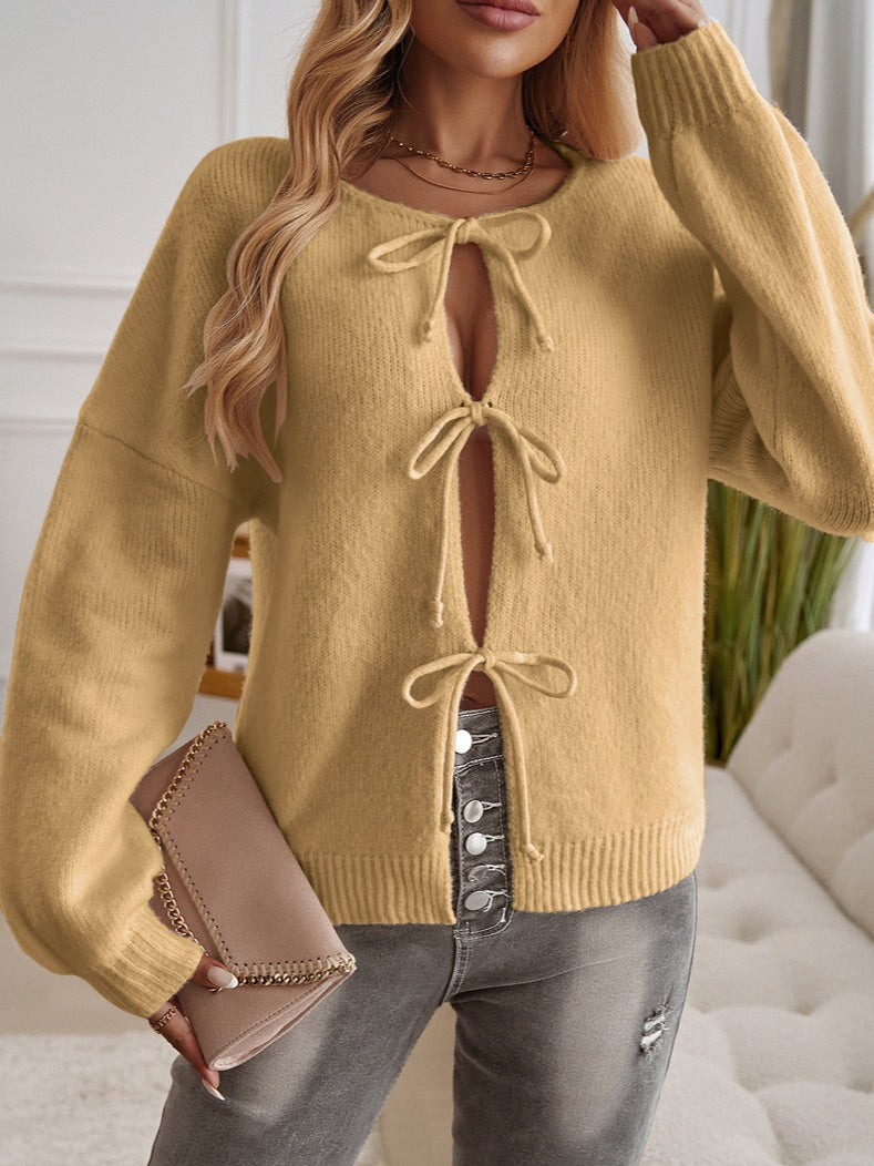 Loose Fit Button-down Tie-front Color Sweater
