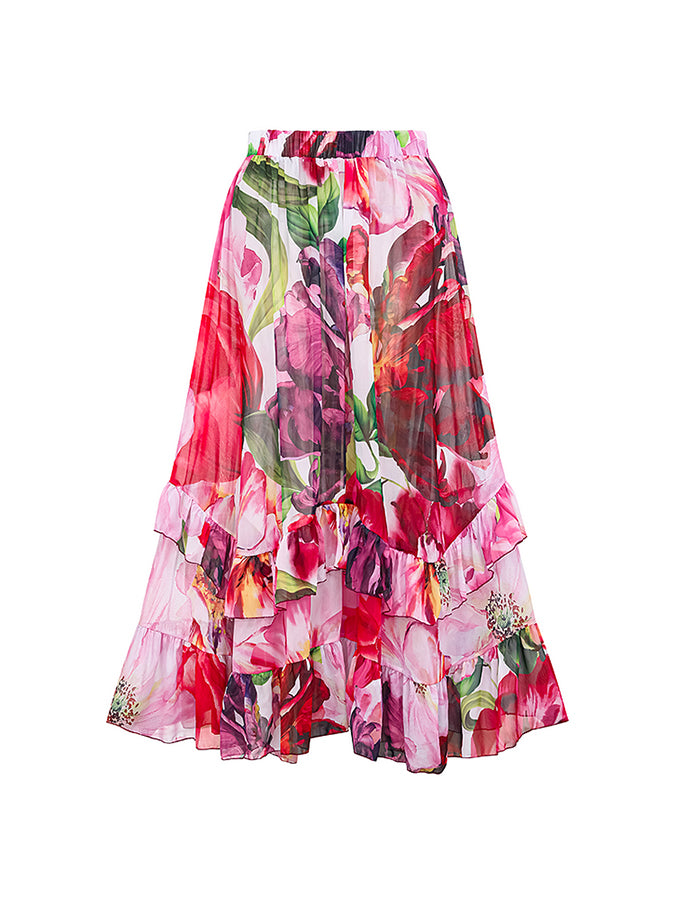 Ruffle Cut Out Flower Printed One Piece Swimsuit and Skirt