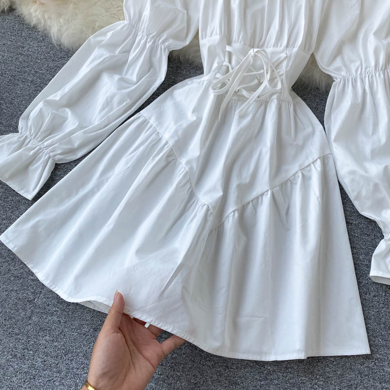 Simple White Off Shoulder Lace-up Waist Puff Sleeve Mini Dress
