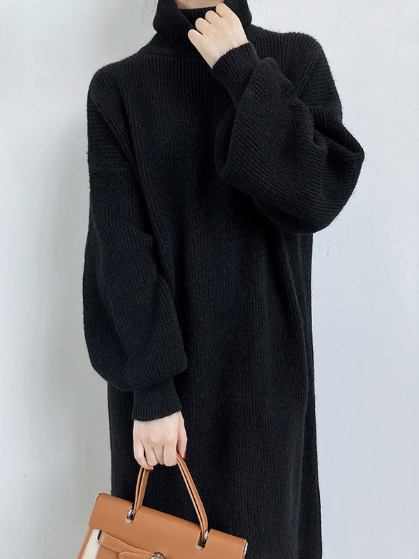 Urban Loose Purple High-neck Long Puff Sleeve Sweater Dress An1052