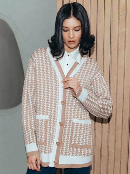 Houndstooth Knitted Cardigan Loose Pockets Oversized Sweater Knitwear Cardigans Femme