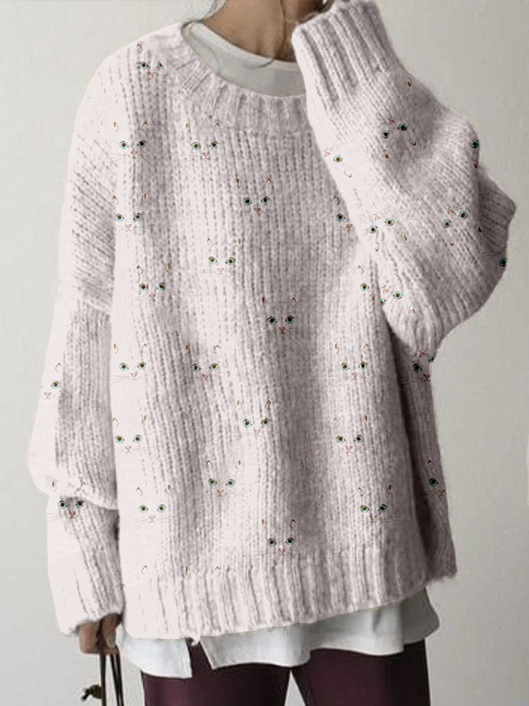 Cute Cat Face Pattern Crew Neck Comfy Sweater elevenforest