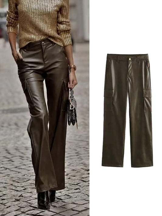 Pu Leather Cargo Olive Green Pants