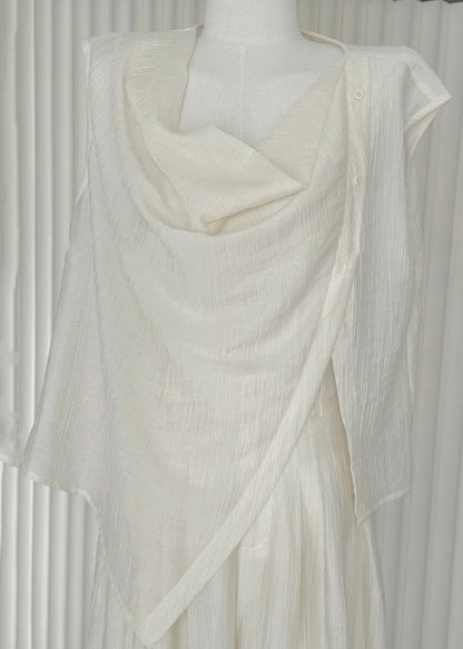 New White Asymmetrical Shirts and Wide Leg Pants Cotton Two Pieces Set Summer Ee020