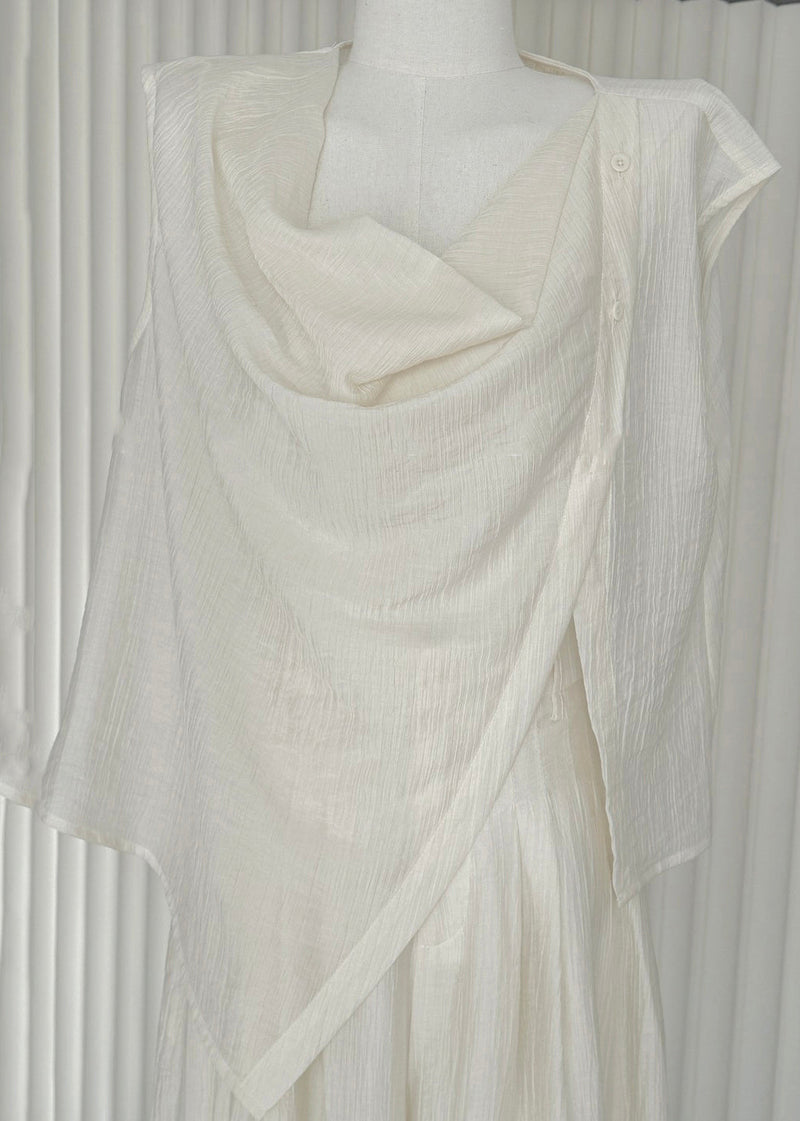 New White Asymmetrical Shirts and Wide Leg Pants Cotton Two Pieces Set Summer Ee020