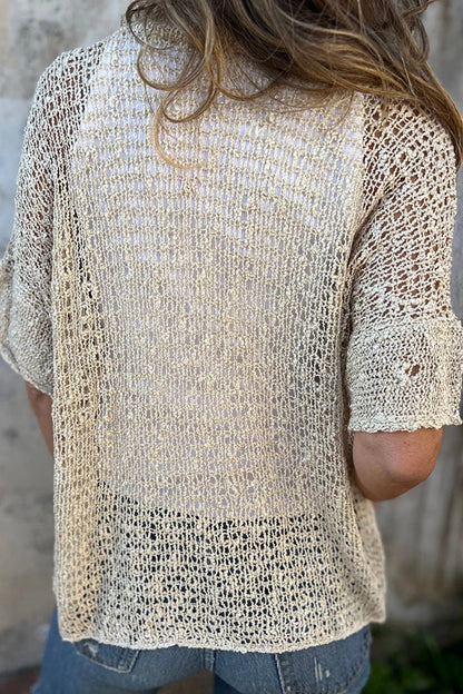 Color Hollow Sleeve V-neck Button Knitted Cardigan