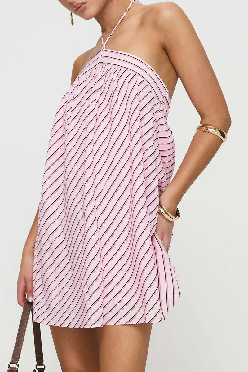 Striped Halter Backless Mini Dress