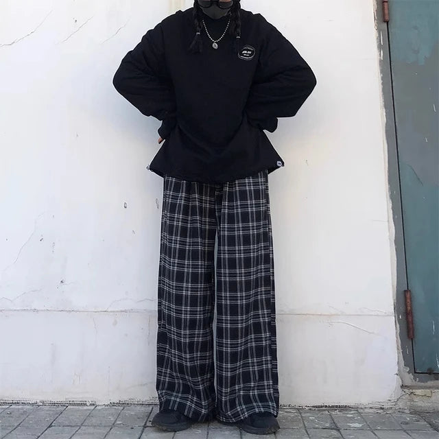 Oversize Pants Sweatpants Summer Black Plaid Pants Elastic Waist Pockets Student Trousers