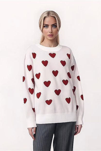Heart-accented Crew-neck Long-sleeve Loose Sweater