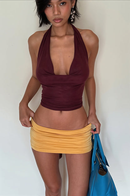 Burgundy Draped V Neck Cinched Crop Blouse