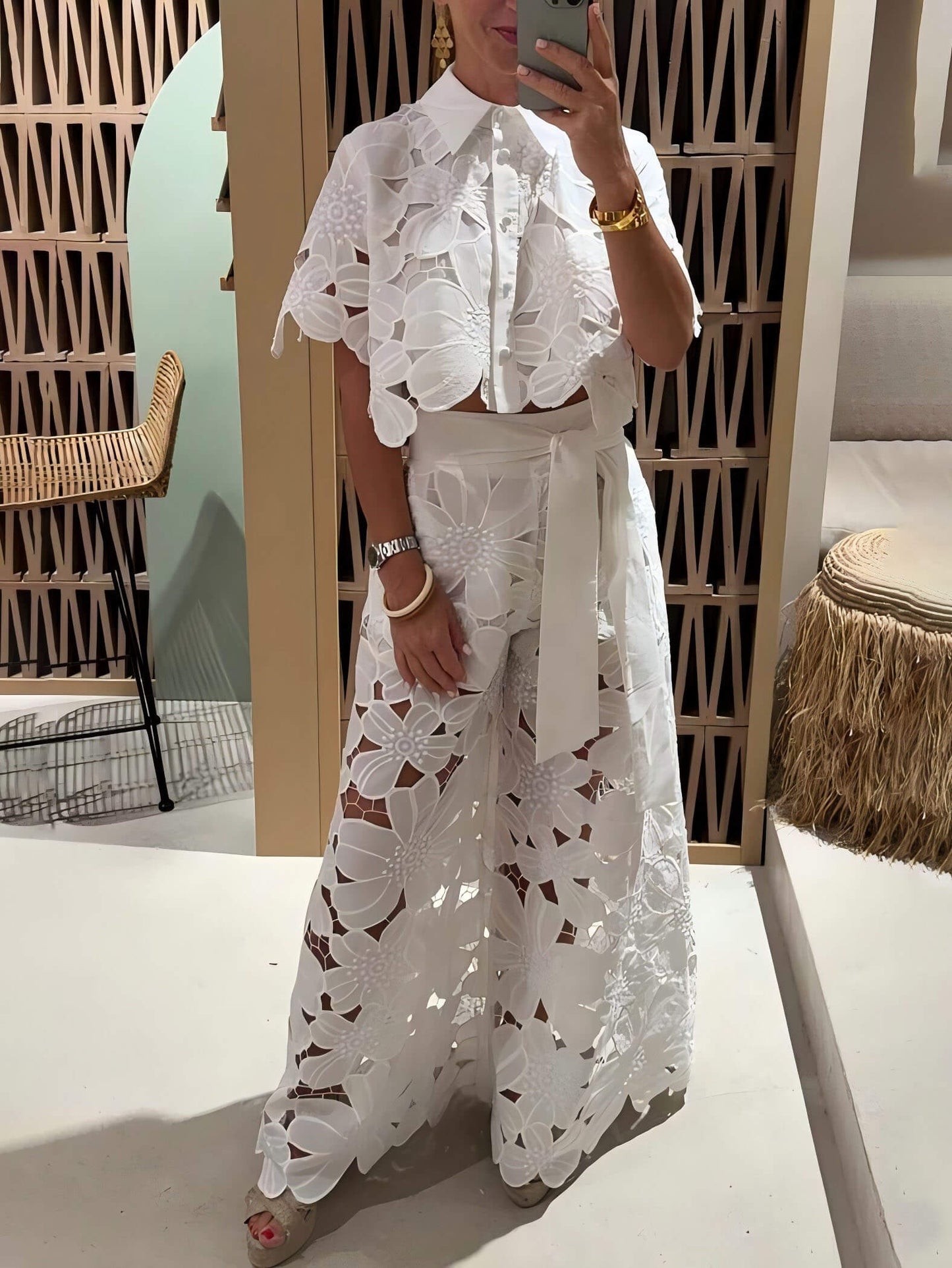 Exquisite Embroidered Hollow Lace Wide-leg Pants