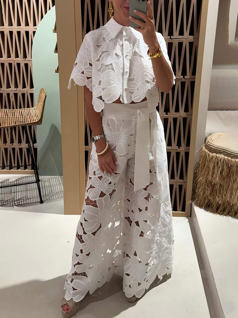 Exquisite Embroidered Hollow Lace Wide-leg Pants
