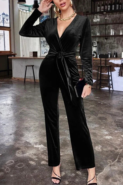 Color Velvet Deep V Belt Slim Jumpsuit
