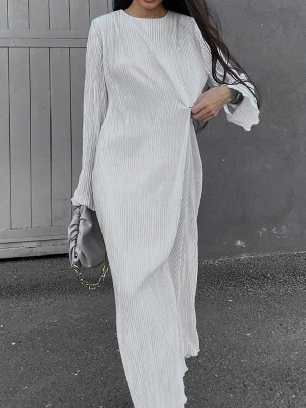Long Sleeves Loose Pleated Color Round-neck Maxi Dresses