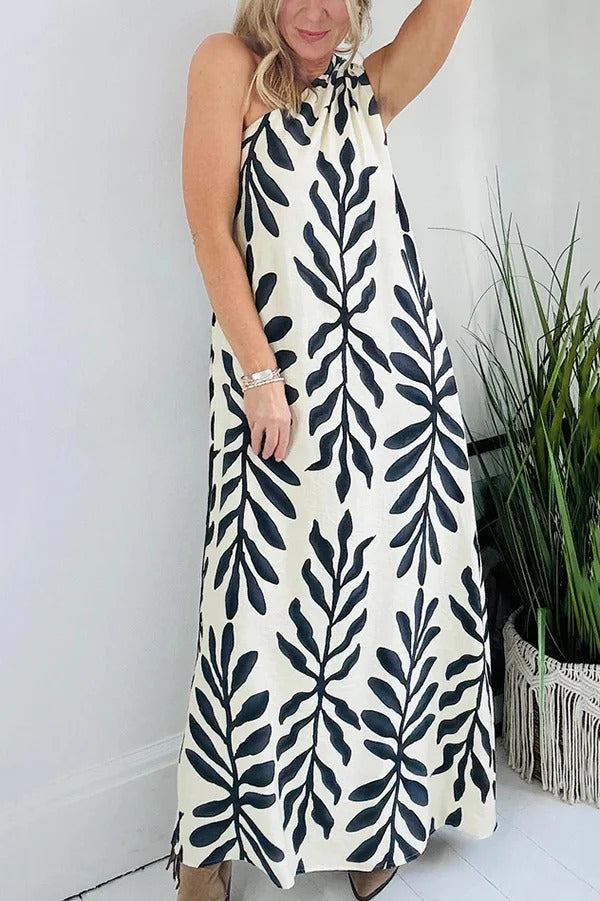 Unique Printed One Shoulder Pocketed Loose Maxi Dress