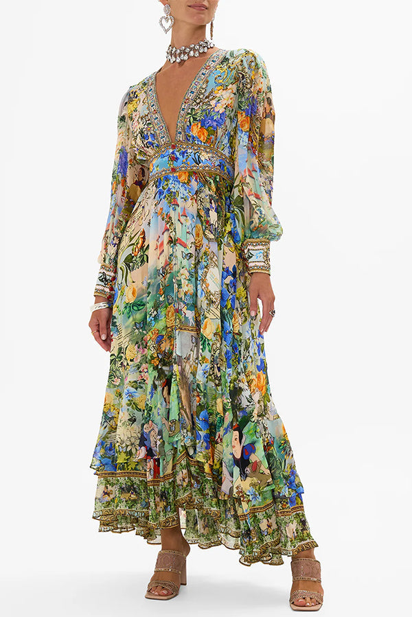 Fairy Tale Print V-neck Lantern Sleeve Waist Maxi Dress