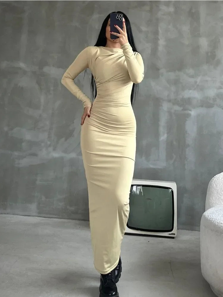 Pleated Long Sleeved Slim Maxi Dress – Off-shoulder Bodycon Gown