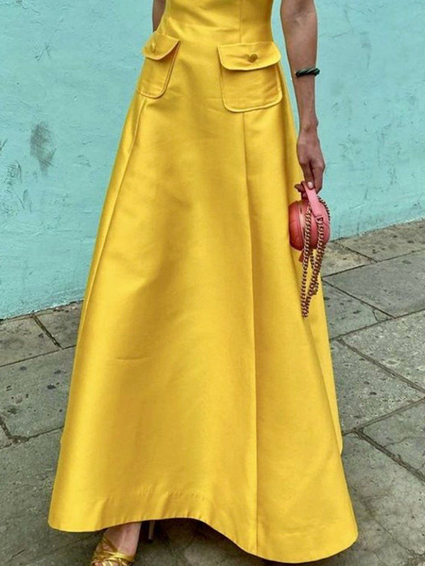 Short Sleeves Pockets Color Split-joint Round-neck Maxi Dresses