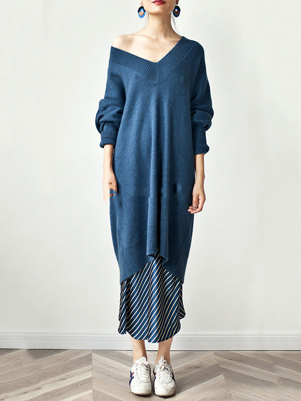 Stylish Long Sleeves Loose Color V-neck Sweater Dresses