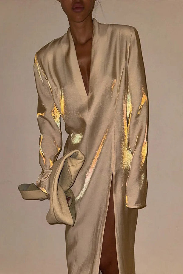 Color Glossy V-neck Long Sleeve Slit Maxi Dress