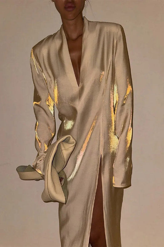 Color Glossy V-neck Long Sleeve Slit Maxi Dress