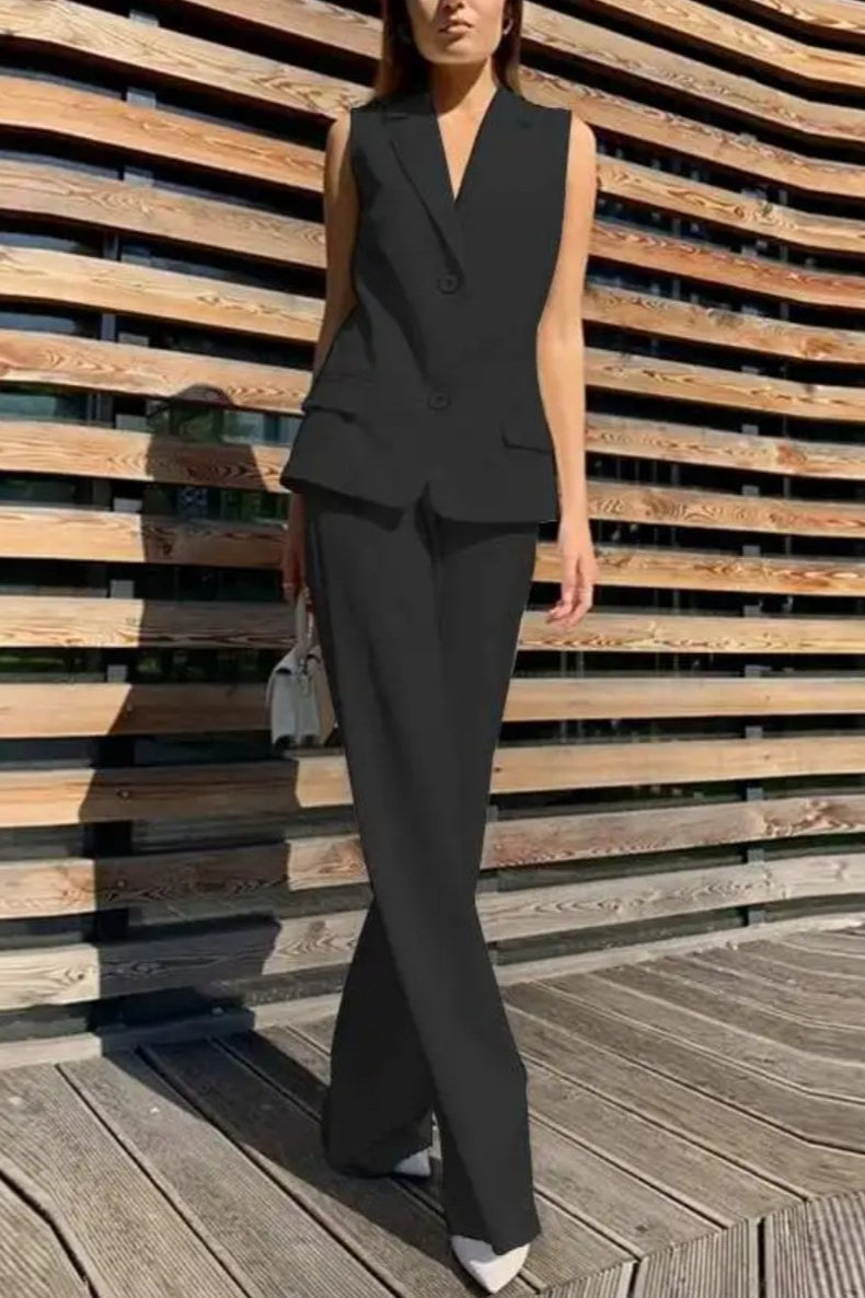 Flowy Wide-leg Pant With Matching Vest Blazer