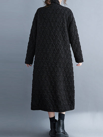 Long Sleeves Loose Color Textured High-neck Cotton Padded Midi Dresses