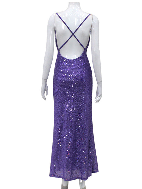 Back Cross Sequined Split-joint Spaghetti-neck Maxi Dresses