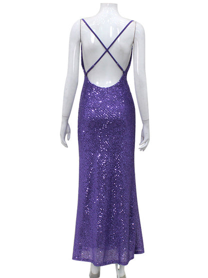 Back Cross Sequined Split-joint Spaghetti-neck Maxi Dresses