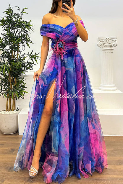 Jinnie Tulle Feather Pendant Pleated Off Shoulder Slit Maxi Dress