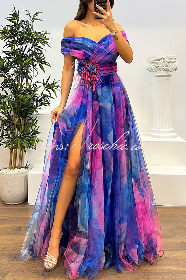Jinnie Tulle Feather Pendant Pleated Off Shoulder Slit Maxi Dress
