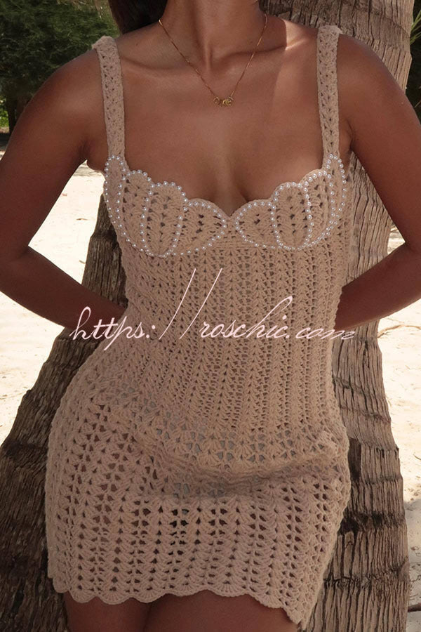 Pearl Embellished Knit Hollow Strap Mini Dress