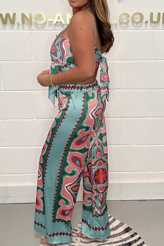 Print Suspenders Open Back Tie Top + Straight Pants Set