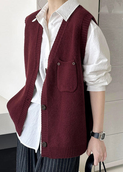 Wine Red Pockets Cozy Knit Waistcoat V Neck Fall Af1022