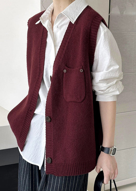 Wine Red Pockets Cozy Knit Waistcoat V Neck Fall Af1022