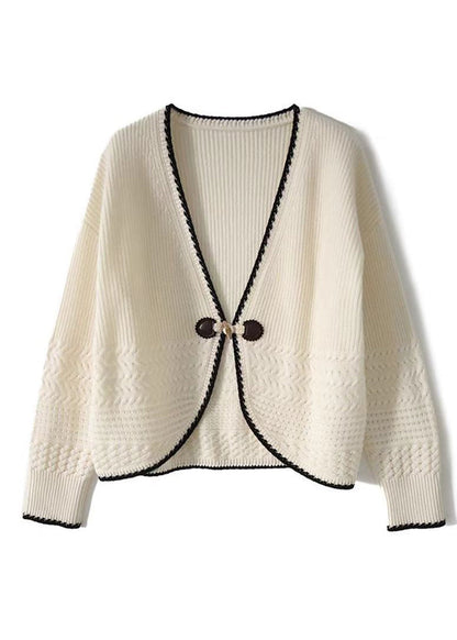 Beige V Neck Woolen Knit Cardigan Fall Qc049