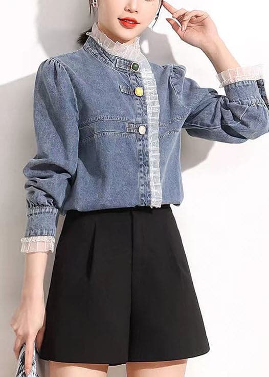 French Blue Stand Collar Asymmetrical Patchwork Lace Cotton Denim Coats Long Sleeve Aj1005