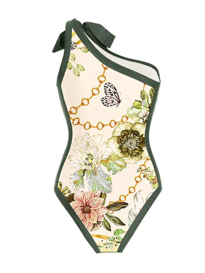 One Shoulder Print One Piece Swimsuit and Skirt