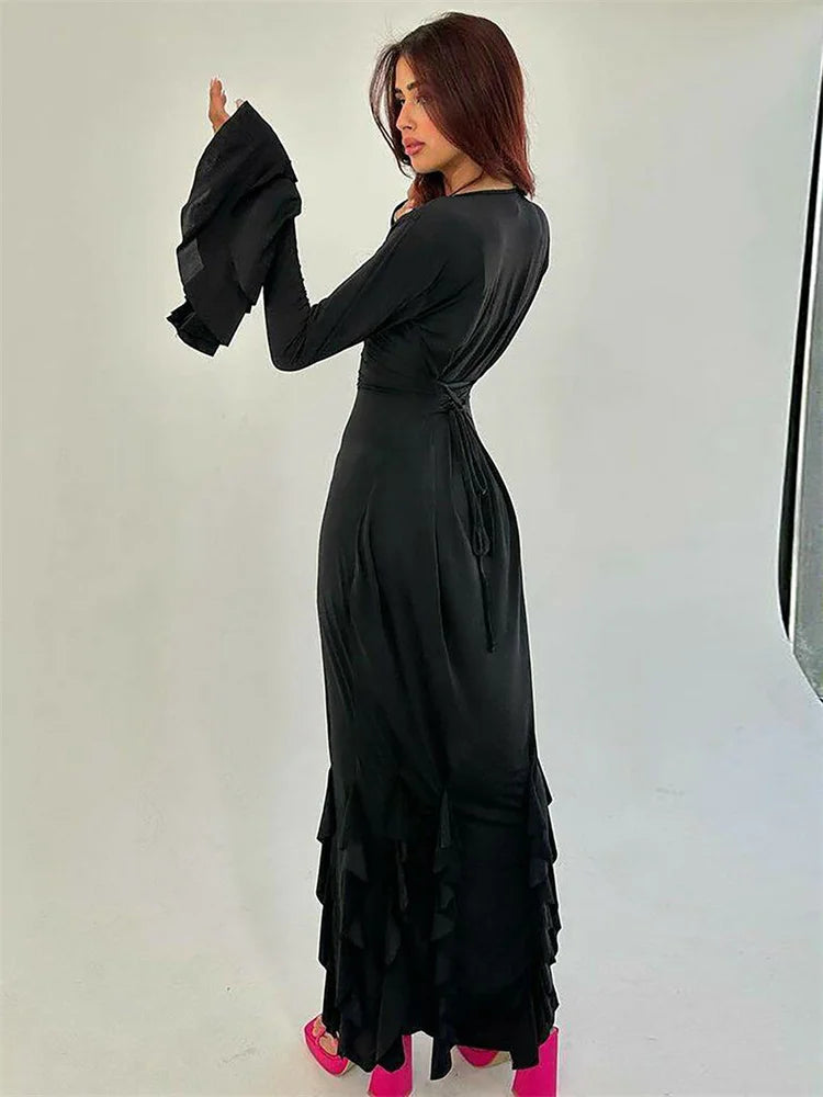 Bandage Ruffled Slim Maxi Dress ’s Patchwork Lace-up Bodycon Dress Female Autumn Long Dress