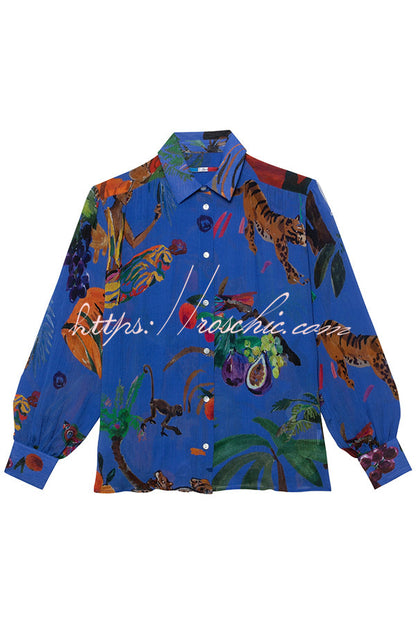 Unique Print Lapel Long Sleeve Loose Shirt and Elastic Waist Pocket Wide Leg Pants Set