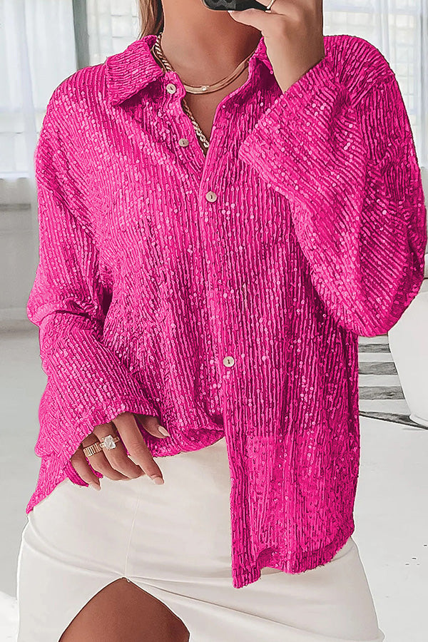 Color Button-down Long-sleeve Sequined Cardigan