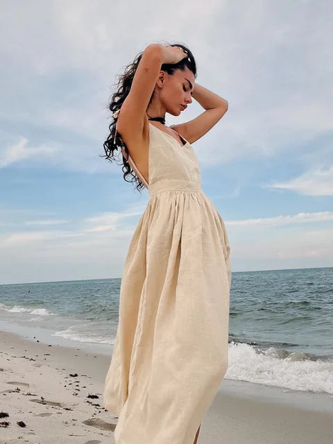 Backless Beach Dress for V Neck Splice Folds Long Dresses Party Bandage Maxi Sundress Female