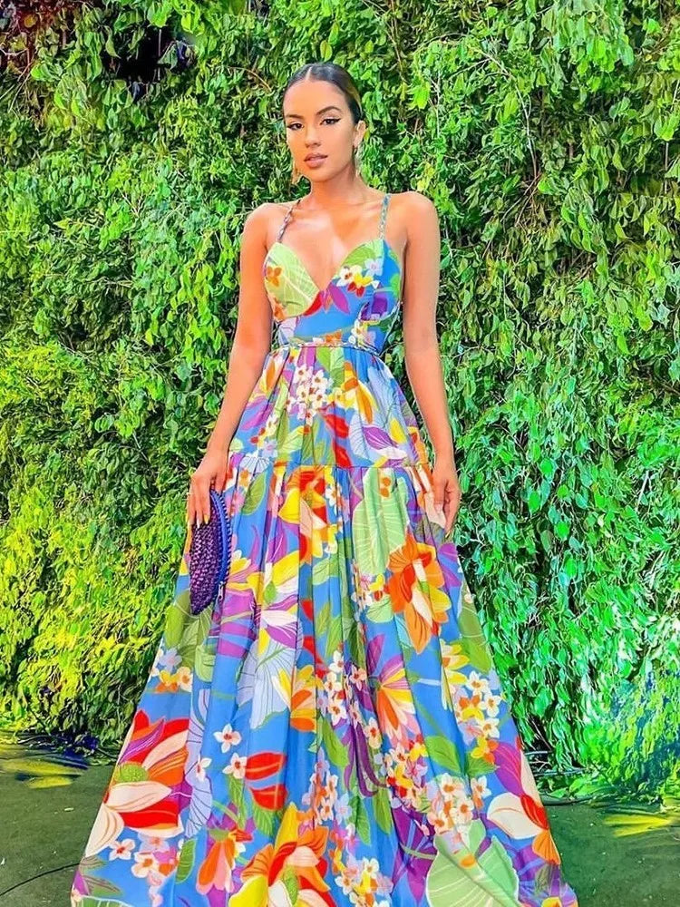 Color Flower Print Spaghetti Strap Evening Dresses Temperament V-neck Backless Beach Vacation Party Long Dress Female