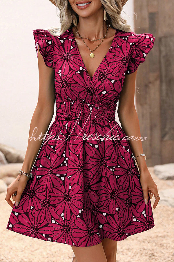 Wonderful Weekend Print Ruffle Sleeve Elastic Waist Mini Dress