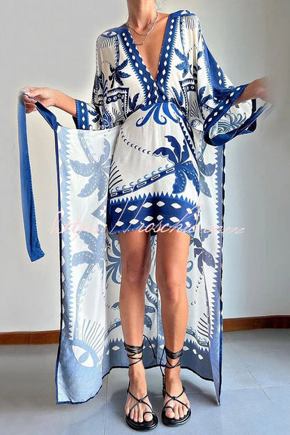 Palm Tree Print Fake Two Piece Lace Up Maxi Dress